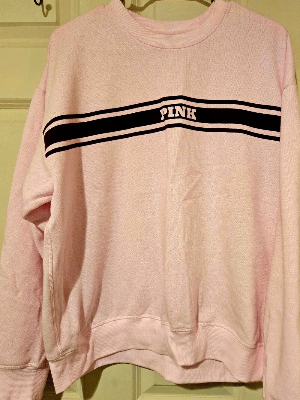 PINK Victoria's Secret Light Pink Crewneck Sweatshirt with Maroon Chest Stripe
